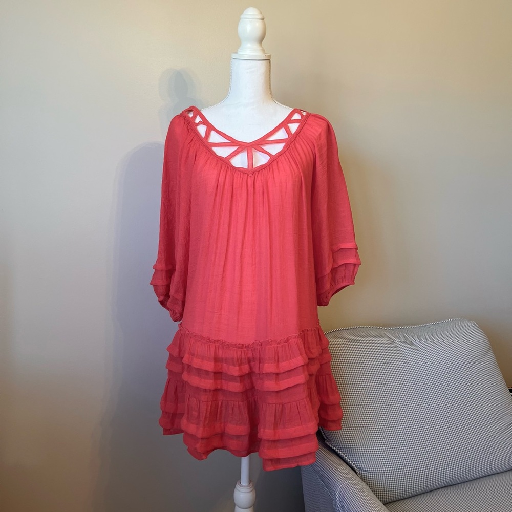 New Umgee Tunic Dress Top Ruffle Dark Coral Size Small Flowy New with Ta…